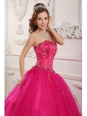Hot Pink Ball Gown Strapless Floor-length Tulle Beading Quinceanera Dress