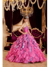 Hot Pink Ball Gown Sweetheart Floor-length Beading Leopard and Organza Quinceanera Dress