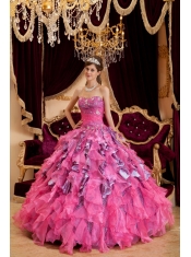 Hot Pink Ball Gown Sweetheart Floor-length Beading Leopard and Organza Quinceanera Dress