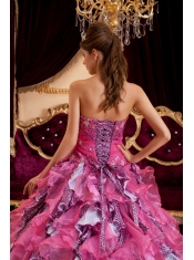 Hot Pink Ball Gown Sweetheart Floor-length Beading Leopard and Organza Quinceanera Dress