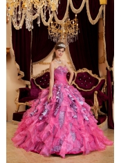 Hot Pink Ball Gown Sweetheart Floor-length Beading Leopard and Organza Quinceanera Dress