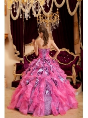 Hot Pink Ball Gown Sweetheart Floor-length Beading Leopard and Organza Quinceanera Dress