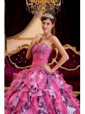 Hot Pink Ball Gown Sweetheart Floor-length Beading Leopard and Organza Quinceanera Dress