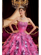 Hot Pink Ball Gown Sweetheart Floor-length Beading Leopard and Organza Quinceanera Dress