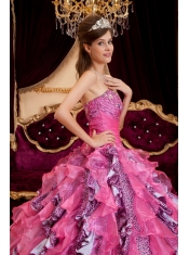 Hot Pink Ball Gown Sweetheart Floor-length Beading Leopard and Organza Quinceanera Dress