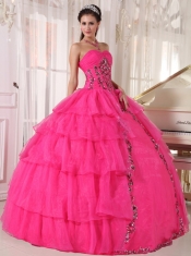 Hot Pink Ball Gown Sweetheart Floor-length Organza and Taffeta Beading Quinceanera Dress