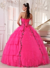 Hot Pink Ball Gown Sweetheart Floor-length Organza and Taffeta Beading Quinceanera Dress