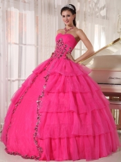 Hot Pink Ball Gown Sweetheart Floor-length Organza and Taffeta Beading Quinceanera Dress