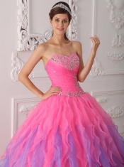 Hot Pink Ball Gown Sweetheart Floor-length Organza Beading and Ruch Quinceanera Dress