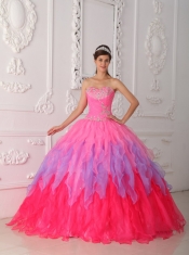 Hot Pink Ball Gown Sweetheart Floor-length Organza Beading and Ruch Quinceanera Dress