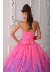 Hot Pink Ball Gown Sweetheart Floor-length Organza Beading and Ruch Quinceanera Dress