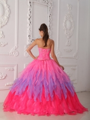 Hot Pink Ball Gown Sweetheart Floor-length Organza Beading and Ruch Quinceanera Dress