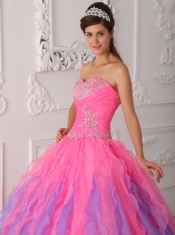 Hot Pink Ball Gown Sweetheart Floor-length Organza Beading and Ruch Quinceanera Dress