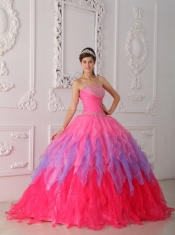 Hot Pink Ball Gown Sweetheart Floor-length Organza Beading and Ruch Quinceanera Dress