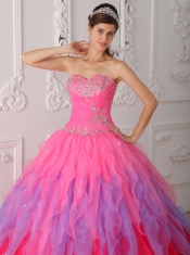 Hot Pink Ball Gown Sweetheart Floor-length Organza Beading and Ruch Quinceanera Dress