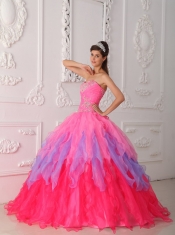 Hot Pink Ball Gown Sweetheart Floor-length Organza Beading and Ruch Quinceanera Dress