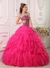 Hot Pink Ball Gown Sweetheart Floor-length Organza Beading Quinceanera Dress