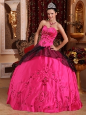 Hot Pink Ball Gown Sweetheart Floor-length Satin Embroidery with Beading Quinceanera Dress