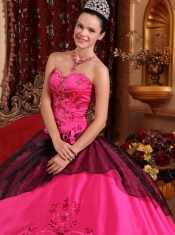 Hot Pink Ball Gown Sweetheart Floor-length Satin Embroidery with Beading Quinceanera Dress