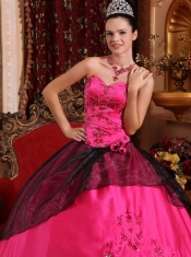 Hot Pink Ball Gown Sweetheart Floor-length Satin Embroidery with Beading Quinceanera Dress