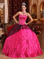 Hot Pink Ball Gown Sweetheart Floor-length Satin Embroidery with Beading Quinceanera Dress