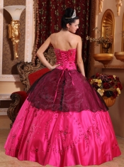 Hot Pink Ball Gown Sweetheart Floor-length Satin Embroidery with Beading Quinceanera Dress