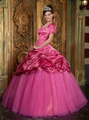 Hot Pink Ball Gown Sweetheart Floor-length Taffeta and Organza Appliques Quinceanera Dress