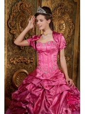 Hot Pink Ball Gown Sweetheart Floor-length Taffeta and Organza Appliques Quinceanera Dress