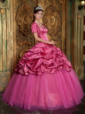 Hot Pink Ball Gown Sweetheart Floor-length Taffeta and Organza Appliques Quinceanera Dress