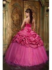 Hot Pink Ball Gown Sweetheart Floor-length Taffeta and Organza Appliques Quinceanera Dress