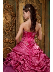 Hot Pink Ball Gown Sweetheart Floor-length Taffeta and Organza Appliques Quinceanera Dress