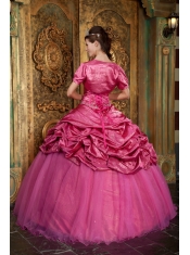 Hot Pink Ball Gown Sweetheart Floor-length Taffeta and Organza Appliques Quinceanera Dress