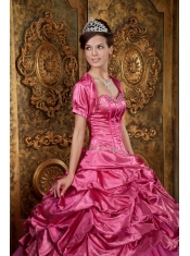 Hot Pink Ball Gown Sweetheart Floor-length Taffeta and Organza Appliques Quinceanera Dress