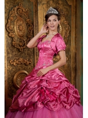 Hot Pink Ball Gown Sweetheart Floor-length Taffeta and Organza Appliques Quinceanera Dress