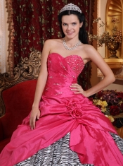 Hot Pink Ball Gown Sweetheart Floor-length Taffeta and Zebra Beading Quinceanera Dress
