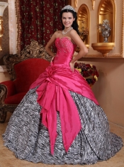 Hot Pink Ball Gown Sweetheart Floor-length Taffeta and Zebra Beading Quinceanera Dress