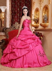 Hot Pink Ball Gown Sweetheart Floor-length Taffeta Appliques Quinceanera Dress
