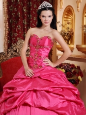 Hot Pink Ball Gown Sweetheart Floor-length Taffeta Appliques Quinceanera Dress