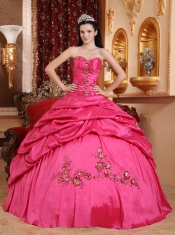 Hot Pink Ball Gown Sweetheart Floor-length Taffeta Appliques Quinceanera Dress