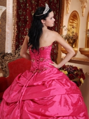 Hot Pink Ball Gown Sweetheart Floor-length Taffeta Appliques Quinceanera Dress