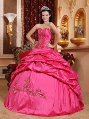 Hot Pink Ball Gown Sweetheart Floor-length Taffeta Appliques Quinceanera Dress