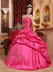 Hot Pink Ball Gown Sweetheart Floor-length Taffeta Appliques Quinceanera Dress