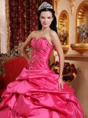 Hot Pink Ball Gown Sweetheart Floor-length Taffeta Appliques Quinceanera Dress
