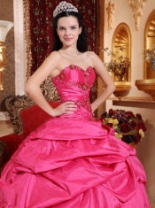 Hot Pink Ball Gown Sweetheart Floor-length Taffeta Appliques Quinceanera Dress