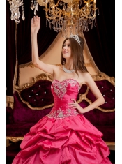 Hot Pink Ball Gown Sweetheart Floor-length Taffeta Appliques Sweet 16 Dress