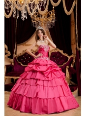 Hot Pink Ball Gown Sweetheart Floor-length Taffeta Appliques Sweet 16 Dress