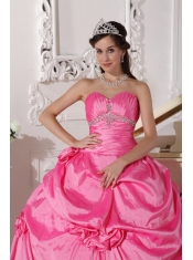 Rose Pink Ball Gown Sweetheart Floor-length Taffeta Beading and Hand Made Flowers Quinceanera Dress