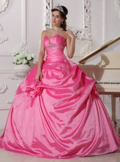 Rose Pink Ball Gown Sweetheart Floor-length Taffeta Beading and Hand Made Flowers Quinceanera Dress