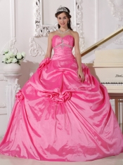 Rose Pink Ball Gown Sweetheart Floor-length Taffeta Beading and Hand Made Flowers Quinceanera Dress