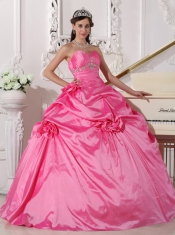 Rose Pink Ball Gown Sweetheart Floor-length Taffeta Beading and Hand Made Flowers Quinceanera Dress